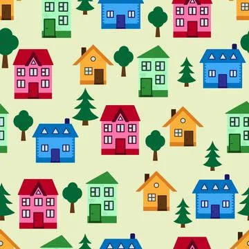 Vector seamless pattern. Colorful houses with trees. Children's design. Stock Illustration
