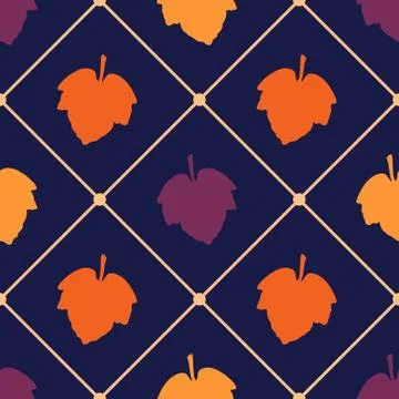 Vector seamless pattern. Colorful illustration with leaves and grid on navy blue Illustrazione stock