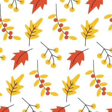 Vector Seamless pattern with colorful leaves and twigs with seasonal berries in Stock Illustration