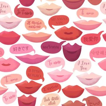 Vector seamless pattern with colorful lips and phrases I Love You in differen Stock Illustration