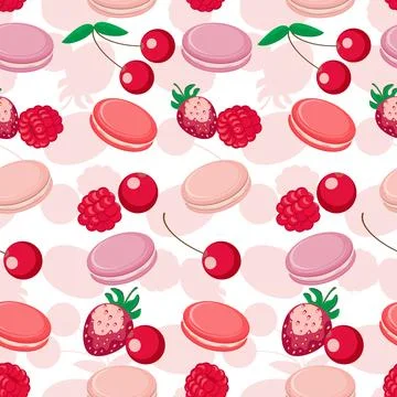 Vector seamless pattern with colorful macaroon cookies snack biscuits and fruits Illustrazione stock