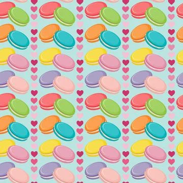 Vector seamless pattern with colorful macaroon cookies, french biscuits, hearts Stock Illustration
