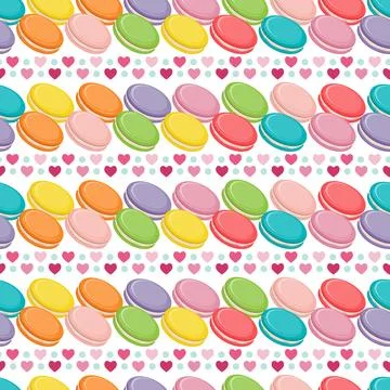 Vector seamless pattern with colorful macaroon cookies, french biscuits, hearts Stock Illustration