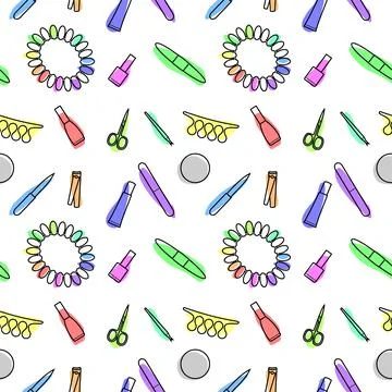 Vector seamless pattern of colorful manicure and pedicure tools Stock Illustration