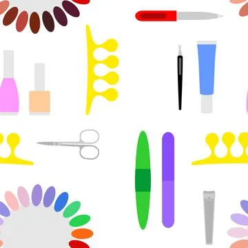 Vector seamless pattern of colorful manicure and pedicure tools Stock Illustration