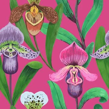 Vector seamless pattern with colorful psychedelic orchid flowers. Hand drawn Illustrazione stock