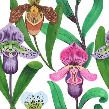 Vector seamless pattern with colorful psychedelic orchid flowers. Hand drawn 스톡 일러스트