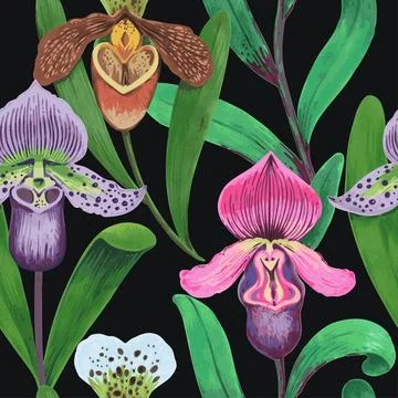 Vector seamless pattern with colorful psychedelic orchid flowers. Hand drawn 스톡 일러스트