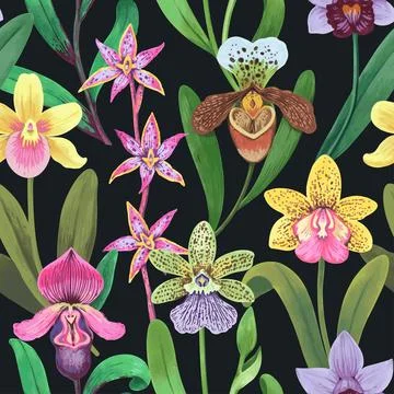 Vector seamless pattern with colorful psychedelic orchid flowers. Hand drawn Stock Illustration