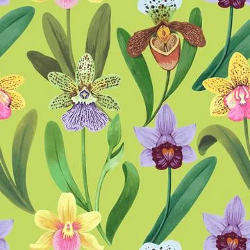 Vector seamless pattern with colorful psychedelic orchid flowers. Hand drawn Stock Illustration