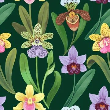 Vector seamless pattern with colorful psychedelic orchid flowers. Hand drawn Illustrazione stock