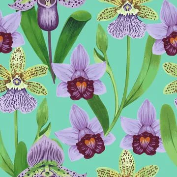 Vector seamless pattern with colorful psychedelic orchid flowers. Hand drawn Illustrazione stock