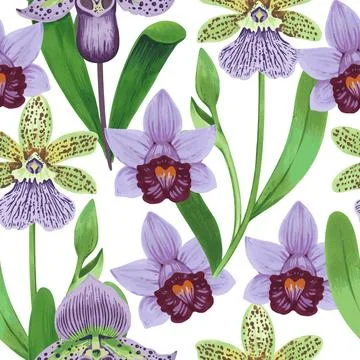 Vector seamless pattern with colorful psychedelic orchid flowers. Hand drawn Stock Illustration