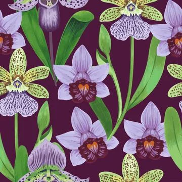 Vector seamless pattern with colorful psychedelic orchid flowers. Hand drawn Illustrazione stock