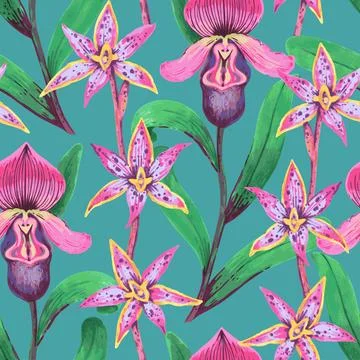 Vector seamless pattern with colorful psychedelic orchid flowers. Hand drawn Stock Illustration