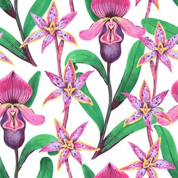 Vector seamless pattern with colorful psychedelic orchid flowers. Hand drawn Illustrazione stock