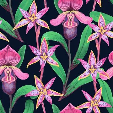 Vector seamless pattern with colorful psychedelic orchid flowers. Hand drawn Illustrazione stock
