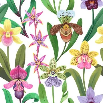 Vector seamless pattern with colorful psychedelic orchid flowers. Hand drawn Stock-Illustration