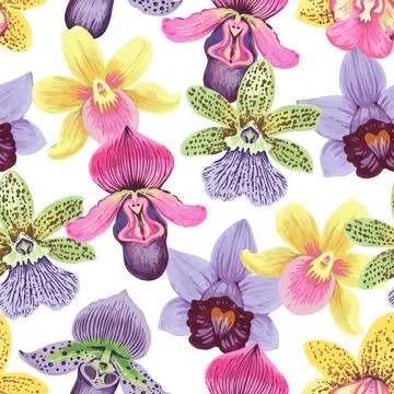 Vector seamless pattern with colorful psychedelic orchid flowers. Hand drawn 스톡 일러스트