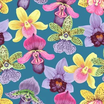 Vector seamless pattern with colorful psychedelic orchid flowers. Hand drawn Illustrazione stock