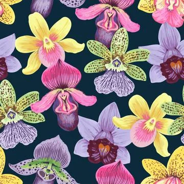 Vector seamless pattern with colorful psychedelic orchid flowers. Hand drawn イラスト素材
