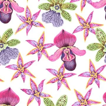 Vector seamless pattern with colorful psychedelic orchid flowers. Hand drawn Illustrazione stock