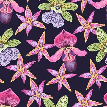 Vector seamless pattern with colorful psychedelic orchid flowers. Hand drawn Stock Illustration