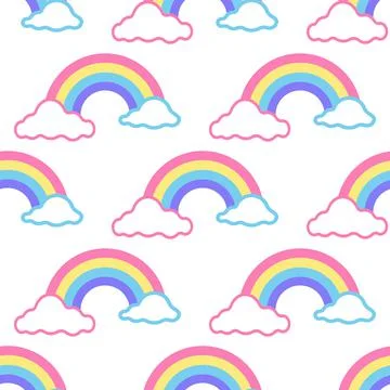Vector seamless pattern colorful rainbow with clouds on white background Illustrazione stock