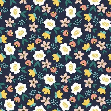 Vector seamless pattern with colorful small flowers on a dark background. 스톡 일러스트