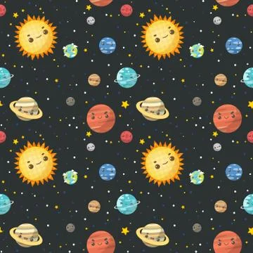 Vector seamless pattern The Colorful Solar System. Sun and Planets on orbit w Illustrazione stock