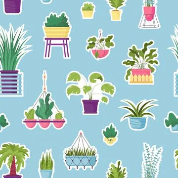 Vector seamless pattern with colorful textured house potted plants. Botanical Stock Illustration
