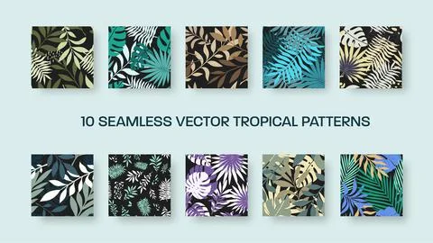 Vector seamless pattern with colorful tropical leaves, exotic twigs, abstract Stock Illustration