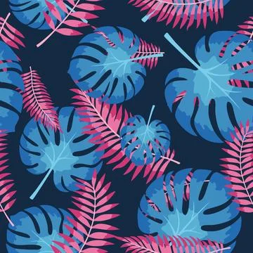 Vector seamless pattern with colorful tropical leaves. Cute bright and fun Stock Illustration