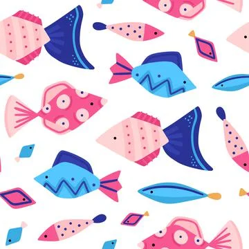 Vector seamless pattern with colorful underwater world. Cute hand-drawn fish. Illustrazione stock