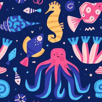 Vector seamless pattern with colorful underwater world. Cute hand-drawn fish. Stock Illustration