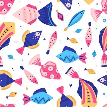 Vector seamless pattern with colorful underwater world. Cute hand-drawn fish. Illustrazione stock