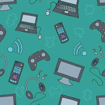 Vector seamless pattern, computer toys, joystick, laptop, wi-fi on a blue bac Stock Illustration
