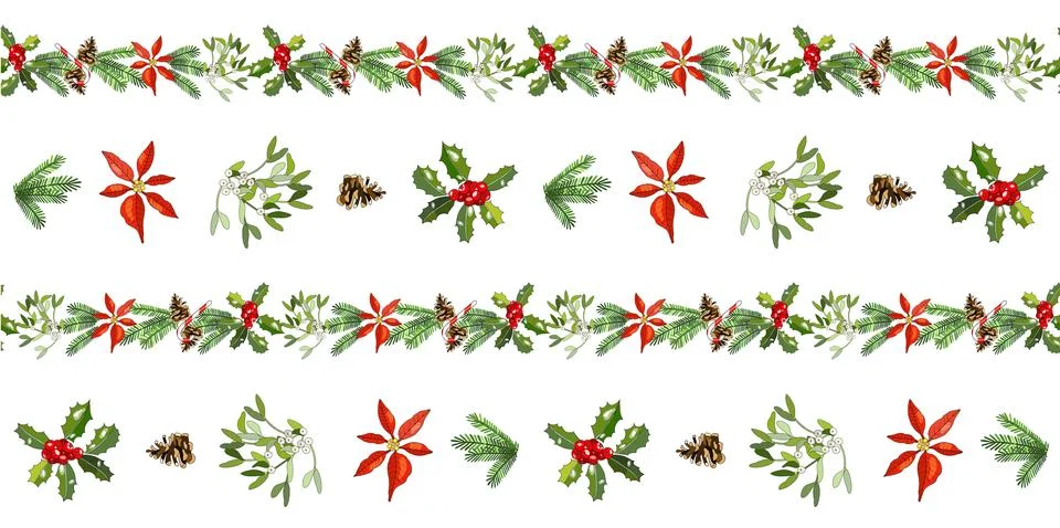 Vector seamless pattern with cone, fir branches, Holly, poinsettia, caramel c Stock-Illustration