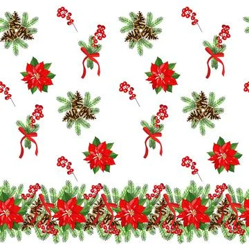 Vector seamless pattern with cone, fir branches, poinsettia, berry. Tradition Stock Illustration