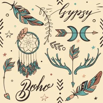 Vector Seamless Pattern consist of Ornamental Boho Style Element Stock Illustration