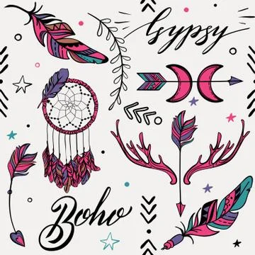 Vector Seamless Pattern consist of Ornamental Boho Style Element Illustrazione stock