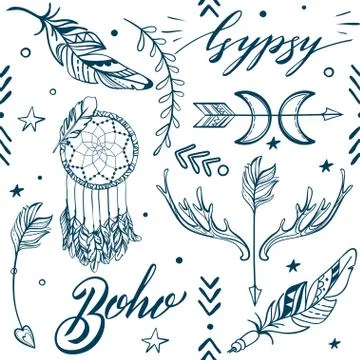 Vector Seamless Pattern consist of Ornamental Boho Style Element 스톡 일러스트