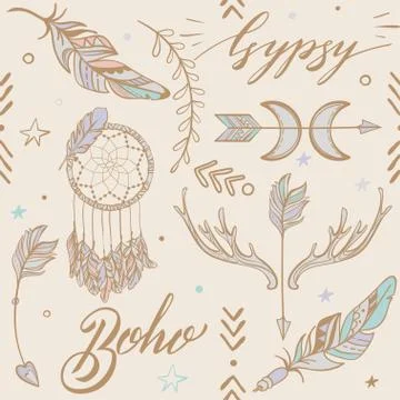 Vector Seamless Pattern consist of Ornamental Boho Style Element 스톡 일러스트