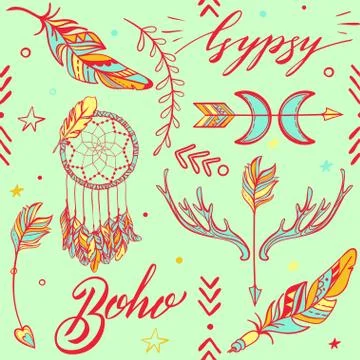 Vector Seamless Pattern consist of Ornamental Boho Style Element 스톡 일러스트