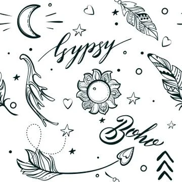 Vector Seamless Pattern consist of Ornamental Boho Style Element 스톡 일러스트