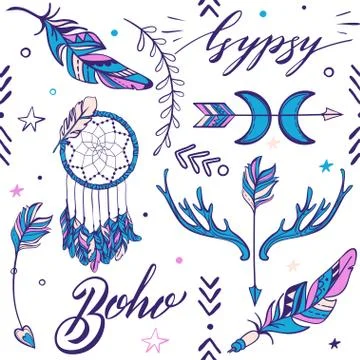 Vector Seamless Pattern consist of Ornamental Boho Style Element Stock Illustration