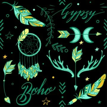 Vector Seamless Pattern consist of Ornamental Boho Style Element Stock Illustration