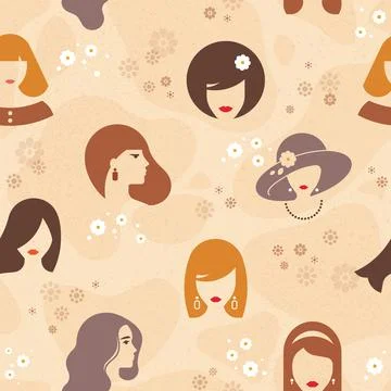 Vector seamless pattern consisting of different colors and women with hairstyles Stock Illustration