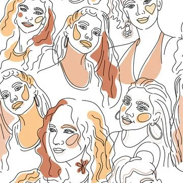 Vector seamless pattern. Continuous line art with woman face. Linear nature.. Stock Illustration
