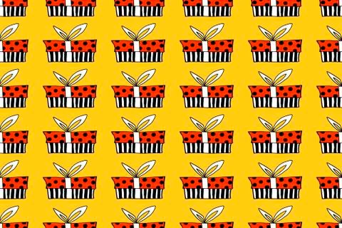 Vector Seamless pattern with contour gift box in doodle flat style. Hand draw Illustrazione stock